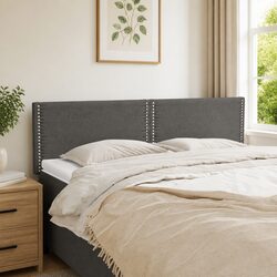 Adjustable Height Dark Grey Fabric Headboard with Wood Legs