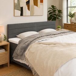 Grey Fabric Headboard with Wood Legs and Adjustable Height