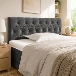 Upholstered Grey Headboard with Velvet Finish and Wooden Legs