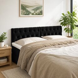 Black Velvet Headboard with Adjustable Height and Wood Legs