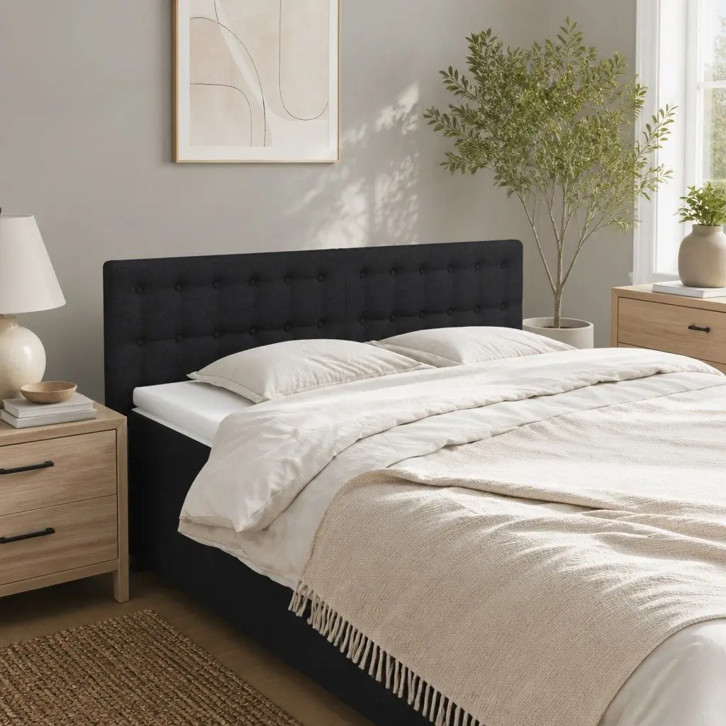 Adjustable Height Black Fabric Headboard with Wooden Legs for Bedroom Furniture 144cm