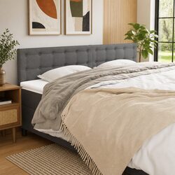 Adjustable Height Headboard in Grey Fabric with Wooden Legs
