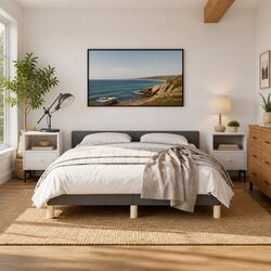 Double Bed Frame with Grey Fabric Headboard and Slats
