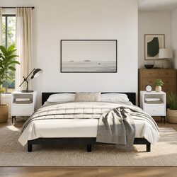 Queen Bed Frame with Slatted Plywood Base and Velvet Headboard
