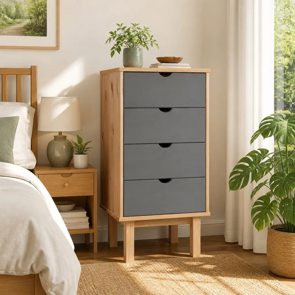 Drawer Cabinet 4 Drawer Storage Unit Scandinavian Style Brown Grey Pine Wood