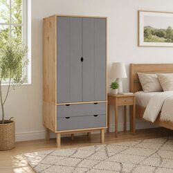 Solid Pine Grey Wardrobe with Drawers 76.5x53x172cm