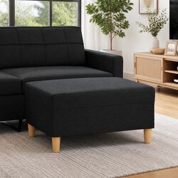 Black Fabric Footstool Ottoman with Plywood Frame