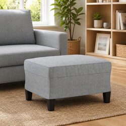 Compact Footstool in Light Grey Fabric with Plywood Frame