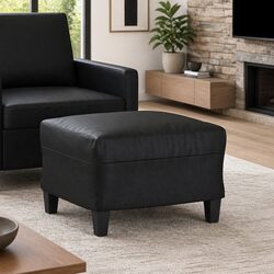 Black Faux Leather Footstool Ottoman with Plywood Frame