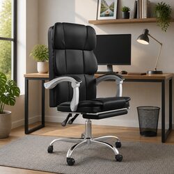 Reclining Office Chair with Adjustable Height in Black Faux Leather