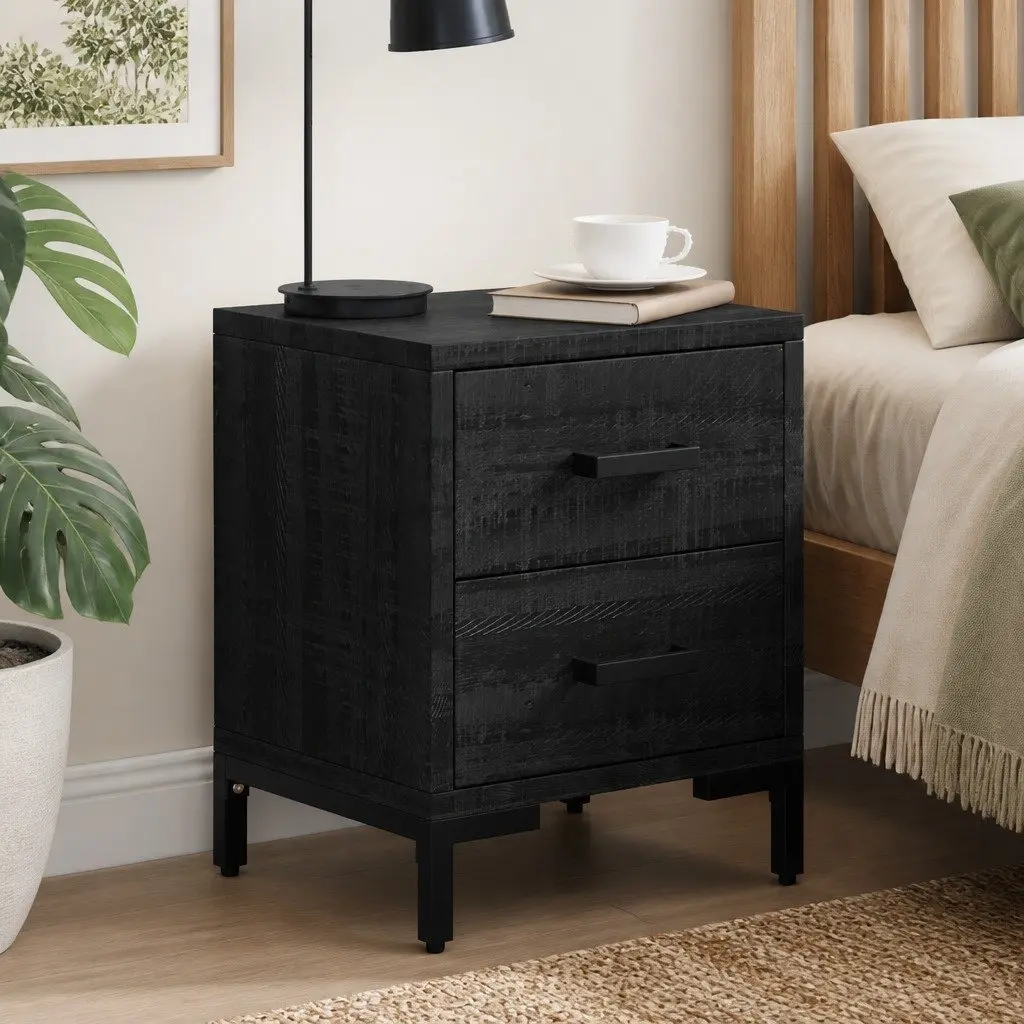 Black Bedside Cabinet Solid Pinewood 36x30x45 cm with Storage Drawers