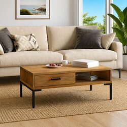 Solid Pinewood Coffee Table with Open Shelf and Drawer