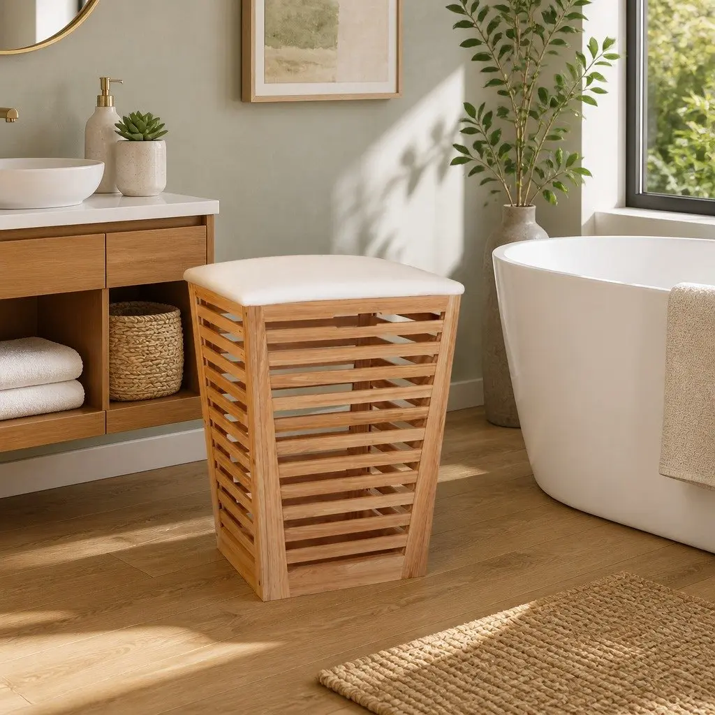 Wooden Bathroom Storage Stool with Cushioned Lid 40.5cm Brown