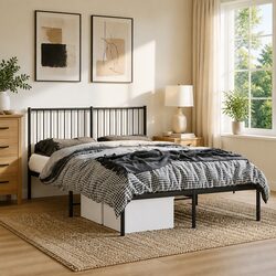 Black Metal Bed Frame 135x190 cm with Headboard and Slats