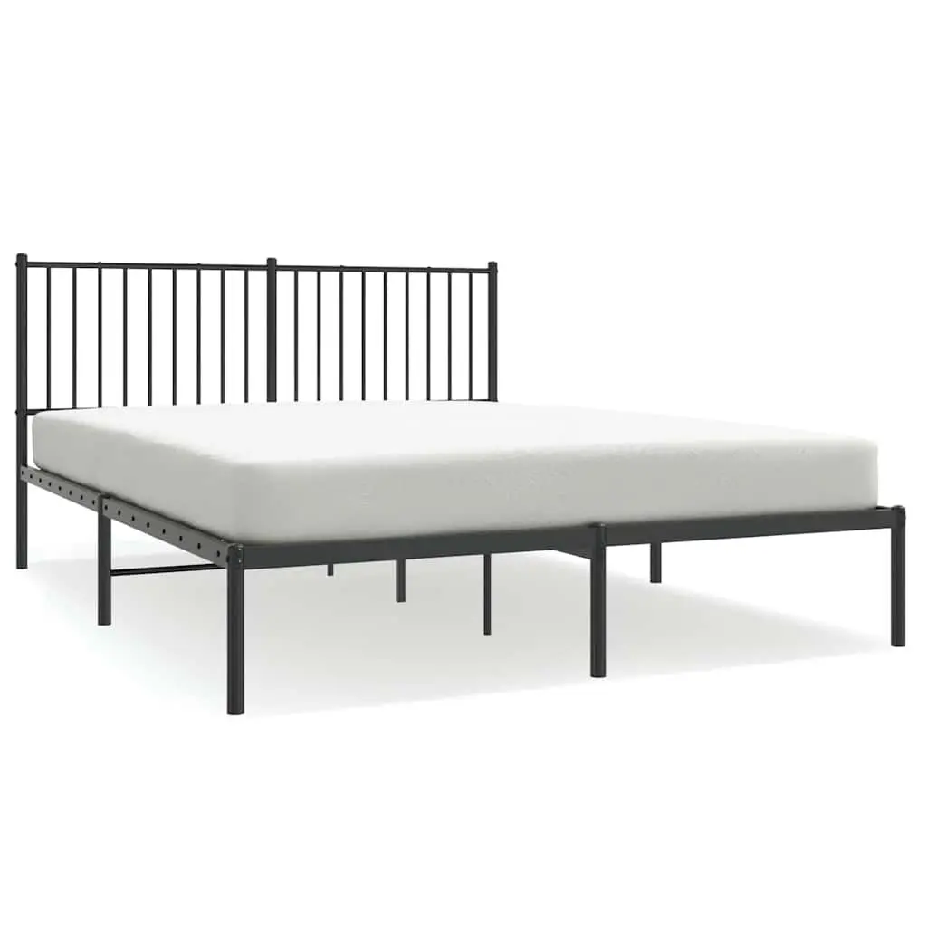 Metal Bed Frame Queen Size Black with Headboard Slatted Base