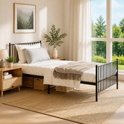 Metal Bed Frame King Single 107x203 cm with Footboard in Black