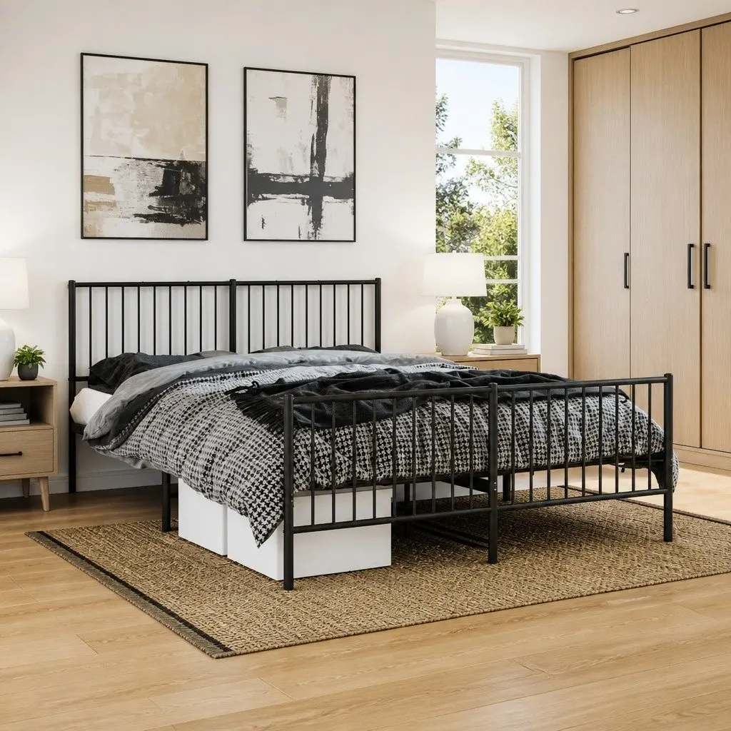 Metal Bed Frame with Headboard and Footboard 150x200 cm Black