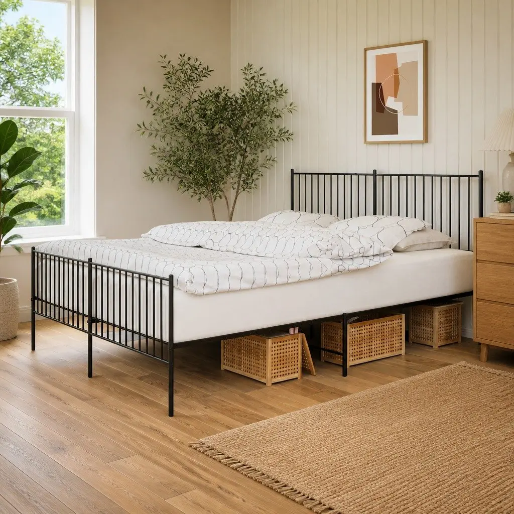 Metal Bed Frame King Size Black Steel with Headboard and Footboard