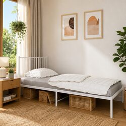 White Powder-Coated Steel Bed Frame with Storage 90x190 cm
