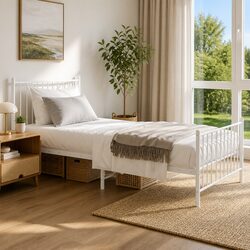 90x190 cm Metal Bed Frame in White with Storage Space