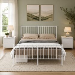 Metal Bed Frame 135x190 cm in White with Slatted Base