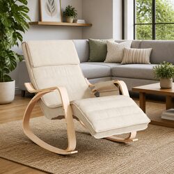 Durable Cream Fabric Rocking Chair with Birch Frame
