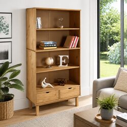 Brown Solid Pine Bookcase with 2 Drawers and 3 Shelves