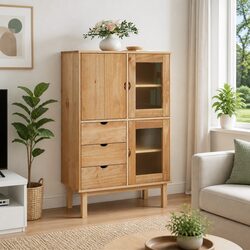 Solid Pine Wood Highboard Storage Cabinet 85x43x125cm