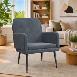 Velvet Upholstered Armchair with Metal Frame in Dark Grey