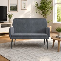 Grey Velvet Padded Bench with Armrests