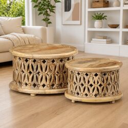 2 Piece Solid Mango Wood Coffee Table Set in Brown