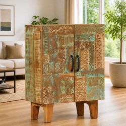 Reclaimed Wood Sideboard Cabinet with Hand-Carved Details