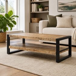 Solid Mango Wood Coffee Table, 120x55x40 cm, Two-Tier