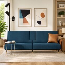 Sofa Bed with Foldable Table USB Charging Ports Blue Velvet