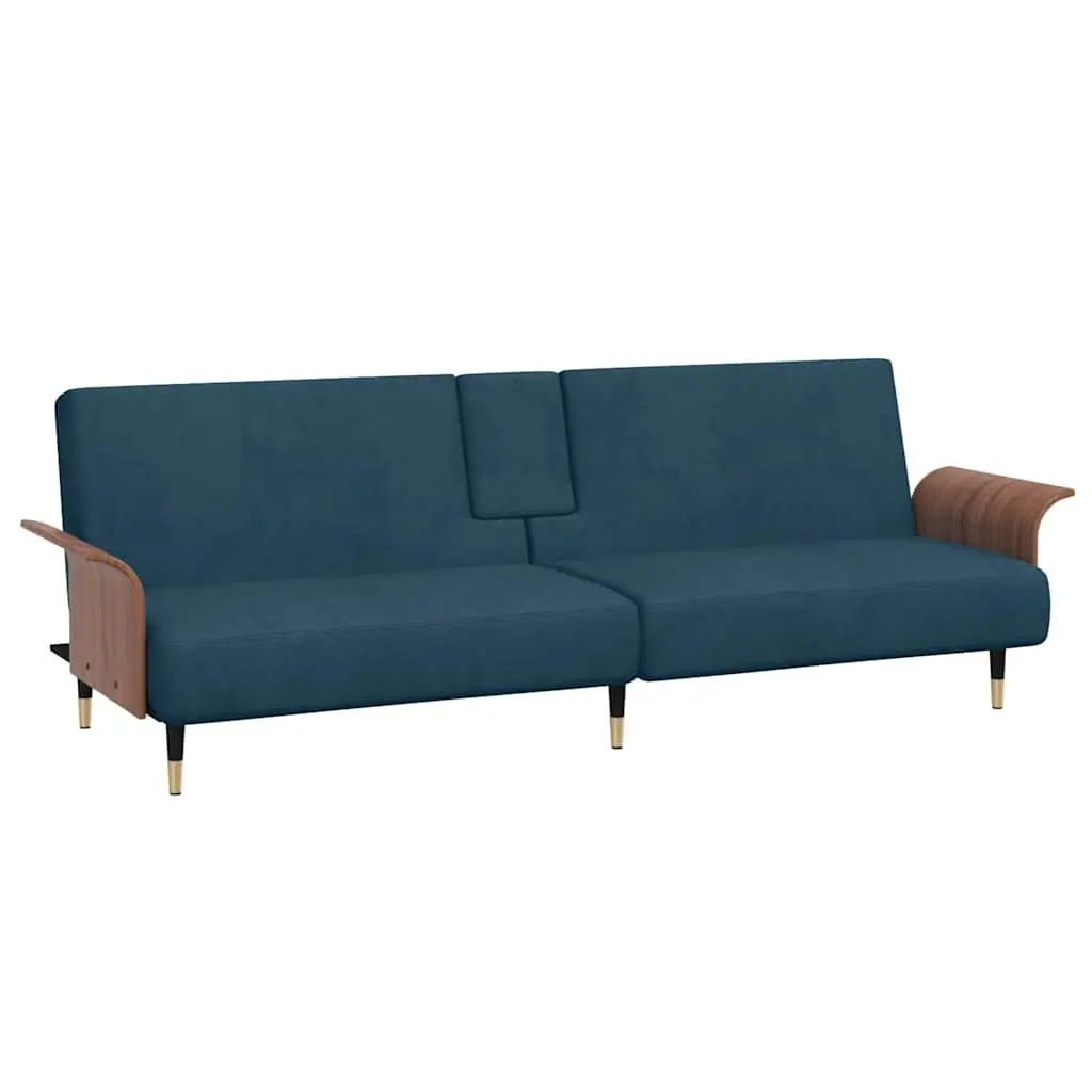 Sofa Bed Blue Velvet Adjustable Backrest Foldable Tea Table with USB Ports and Cup Holders