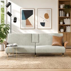 Foldable Grey Velvet Sofa Bed with Adjustable Backrest and Cup Holders