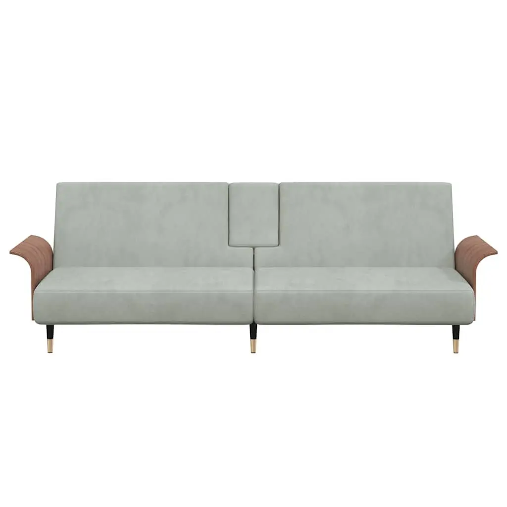 Sofa Bed Grey Velvet Foldable Tea Table Adjustable Backrest with Cup Holders