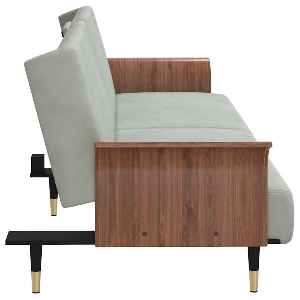 Sofa Bed Grey Velvet Foldable Tea Table Adjustable Backrest with Cup Holders