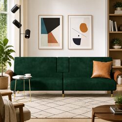 Green Velvet Sofa Bed with Foldable Table and USB Ports