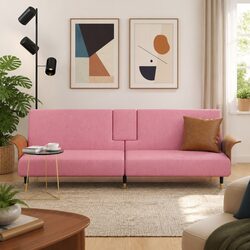 Pink Velvet Sofa Bed with Adjustable Backrest and Table