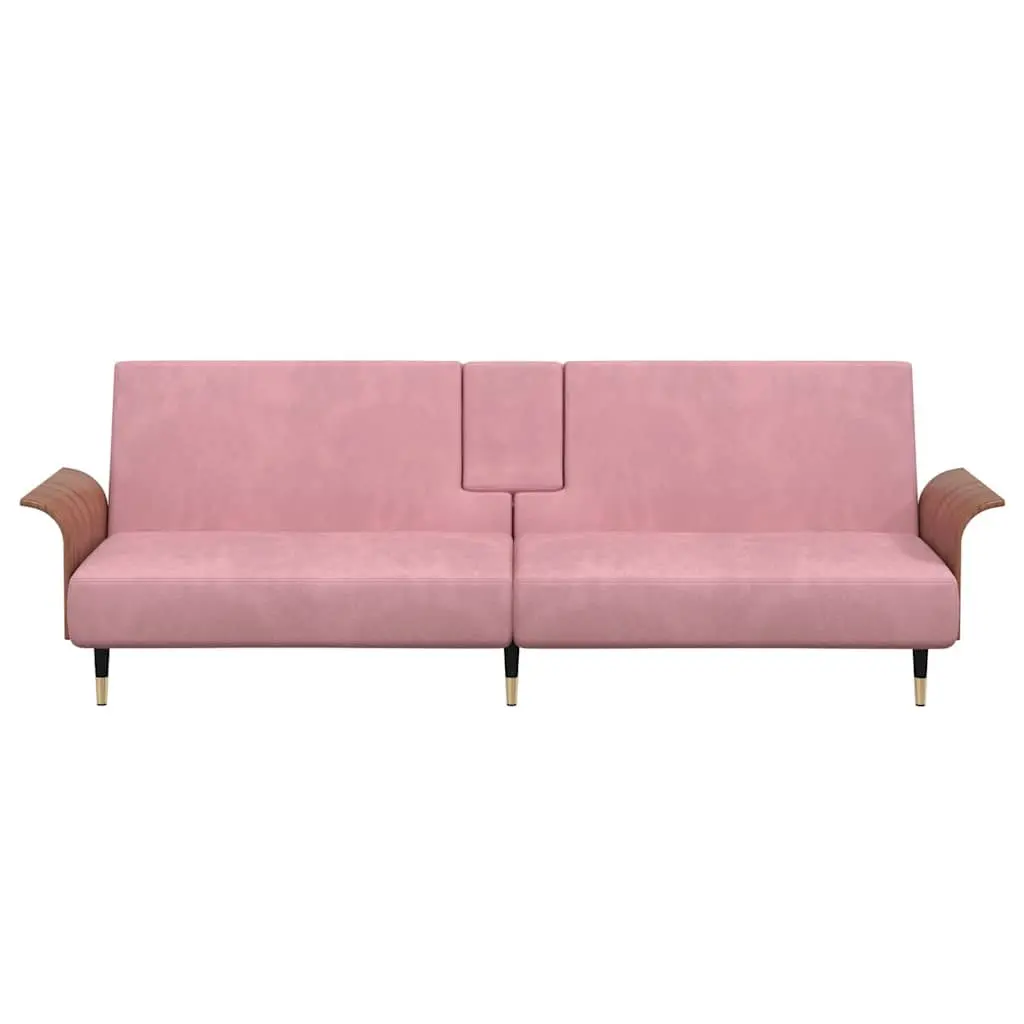 Sofa Bed Adjustable Backrest Foldable Tea Table Pink Velvet