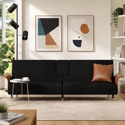 Black Velvet Sofa Bed with Foldable Table and USB Ports
