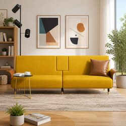 Yellow Velvet Sofa Bed with Adjustable Backrest and Foldable Table