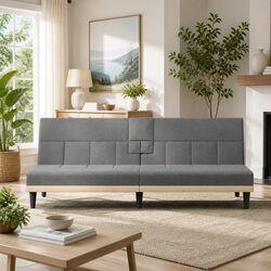 Grey Fabric Sofa Bed with Foldable Table and USB Ports