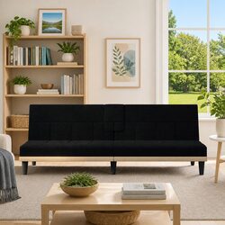Black Fabric Sofa Bed with USB Charging and Foldable Table