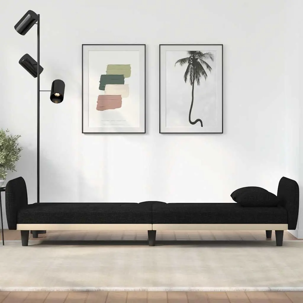 Sofa Bed Adjustable Backrest Black Fabric with Cup Holders and USB Charging