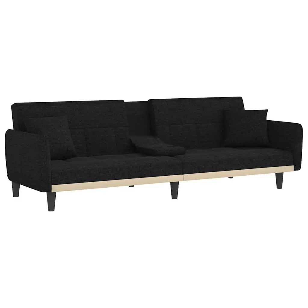 Sofa Bed Adjustable Backrest Black Fabric with Cup Holders and USB Charging