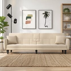 Adjustable Cream Sofa Bed with Durable Fabric and Cup Holders