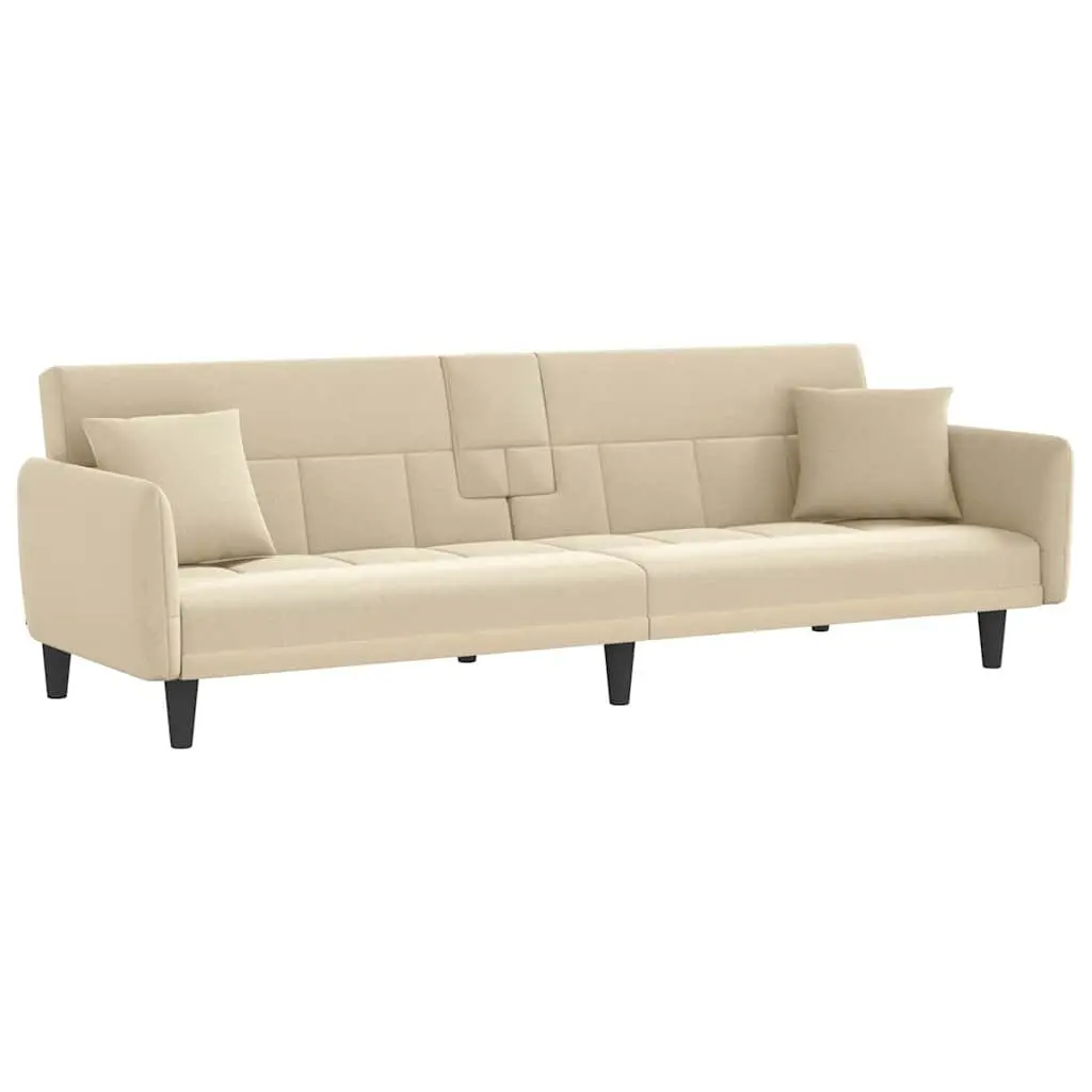 Sofa Bed Cream Fabric Adjustable Backrest Sleeper Couch with Cup Holders Tea