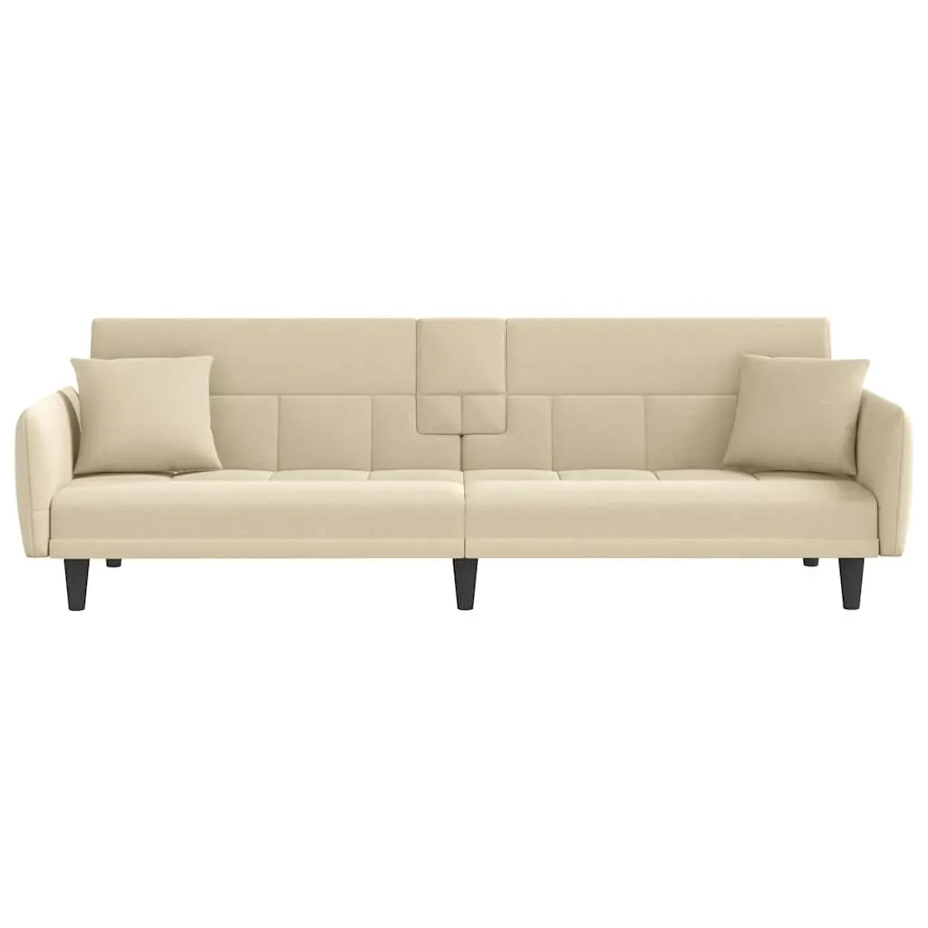Sofa Bed Cream Fabric Adjustable Backrest Sleeper Couch with Cup Holders Tea